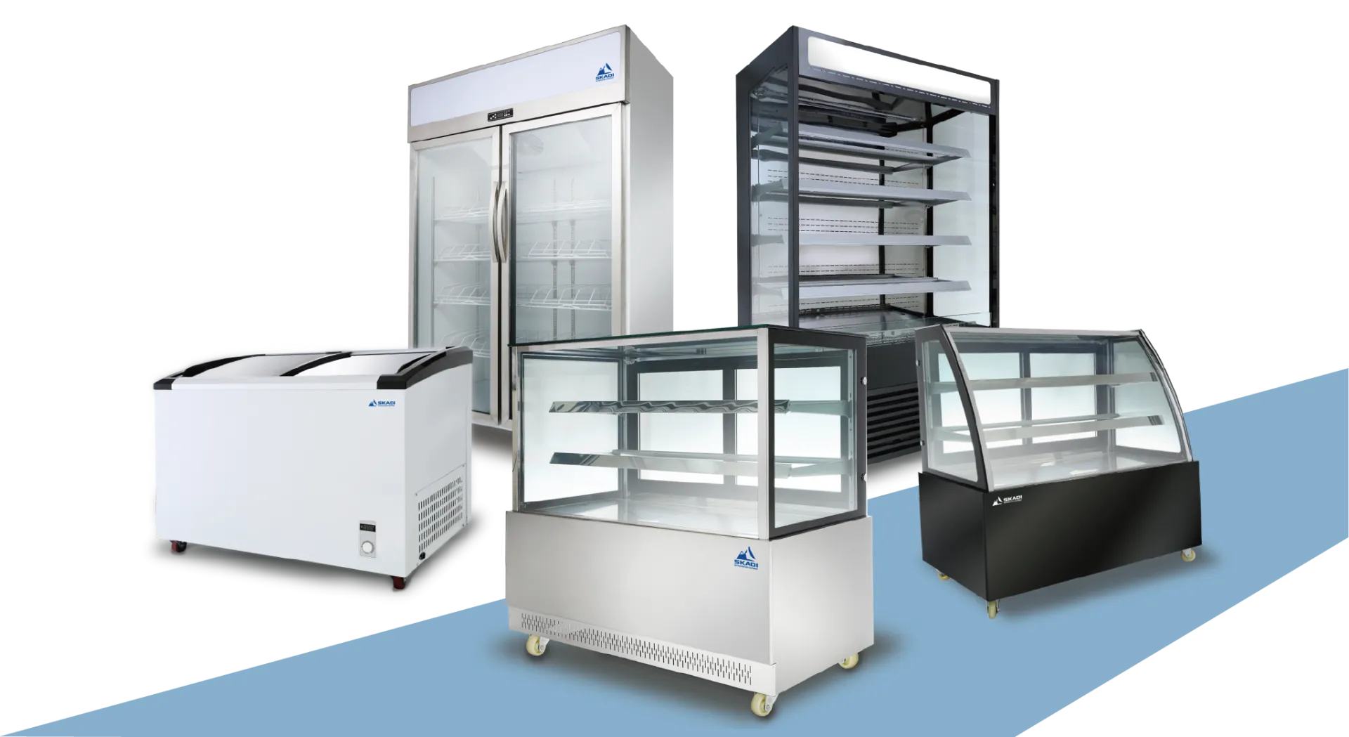 A selection of refrigeration and display equipment from Skadi Refrigeration Equipment. The products include a white commercial freezer, a two-door upright refrigerator, a glass-fronted multi-tier display case, and two curved glass cake display showcases on wheels. Each item is arranged on a white and light blue background, highlighting Skadi's range of commercial refrigeration solutions.